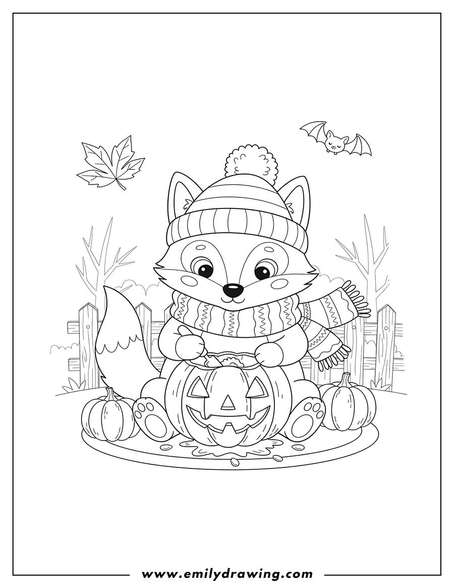 Coloring page of cute wolf wearing a beanie and scarf carving a jack-o'-lantern