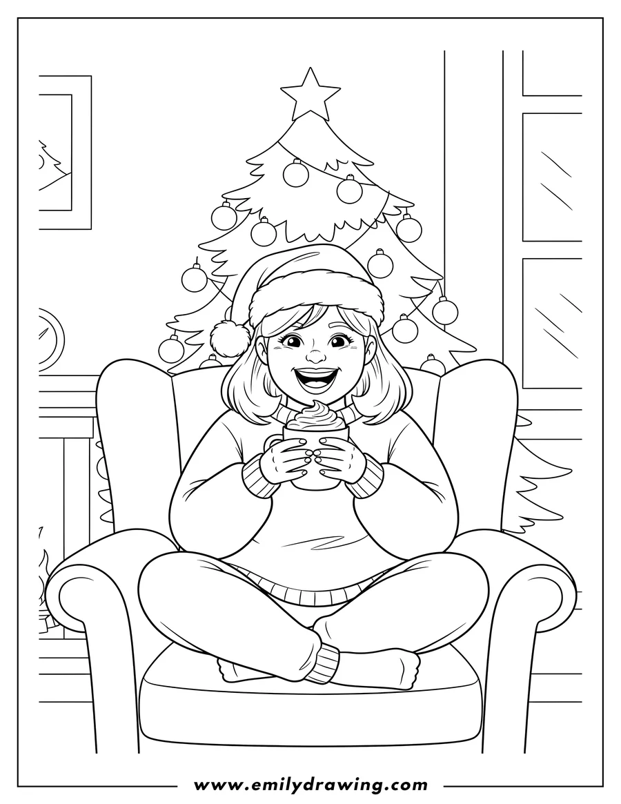 Simple sketch of woman sitting cross-legged, wearing a Santa hat, smiling and drinking hot chocolate in a living room with Christmas lights to color