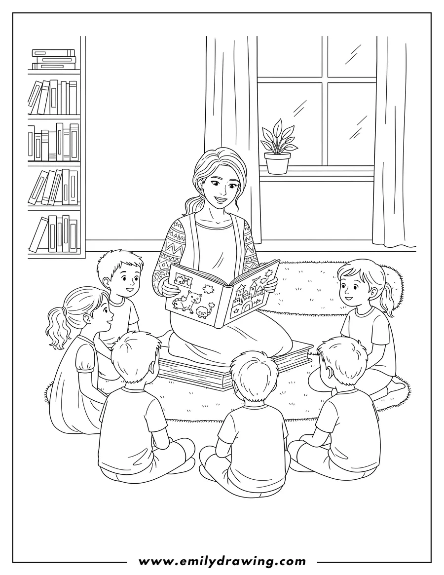 PDF style coloring page: woman Teacher Sitting On Floor Reading Book To Students