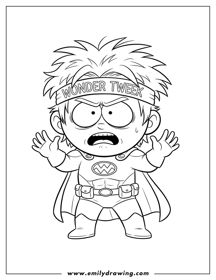 Black and white line art of cute Wonder Tweek Superhero Costume, with a stressed expression, raised hands, and a 'WONDER TWEEK' headband