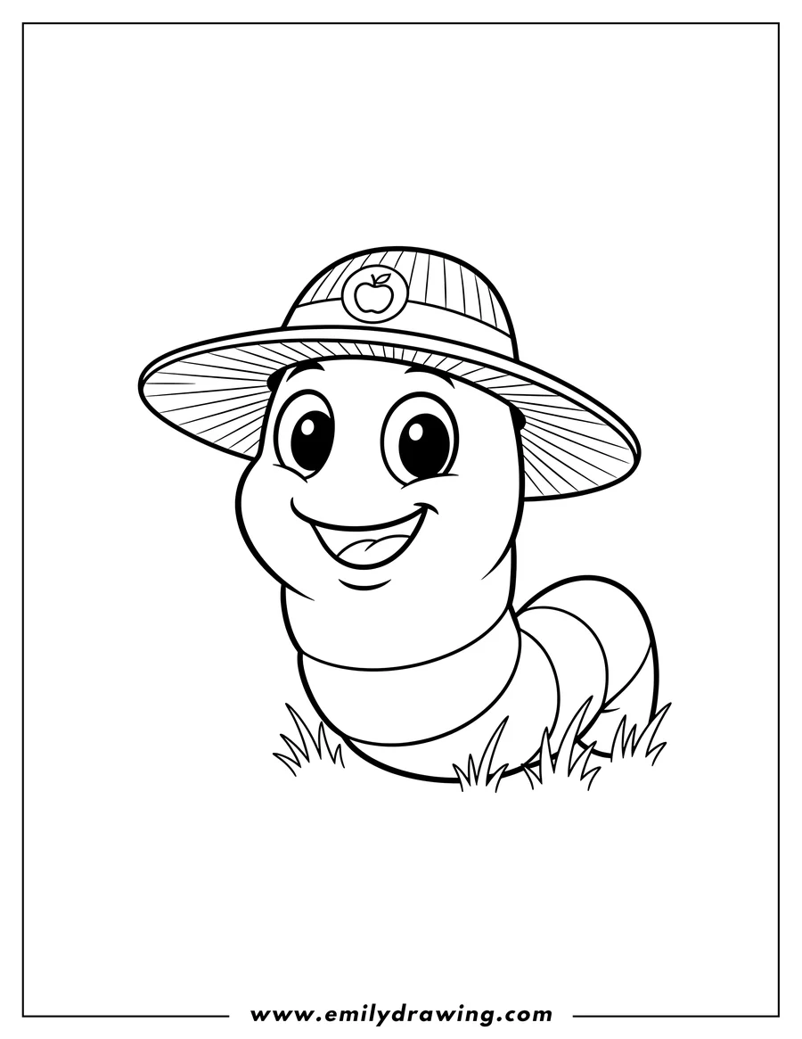 High quality printable worm Wearing Sun Hat, smiling with big eyes and an apple detail on its hat for coloring