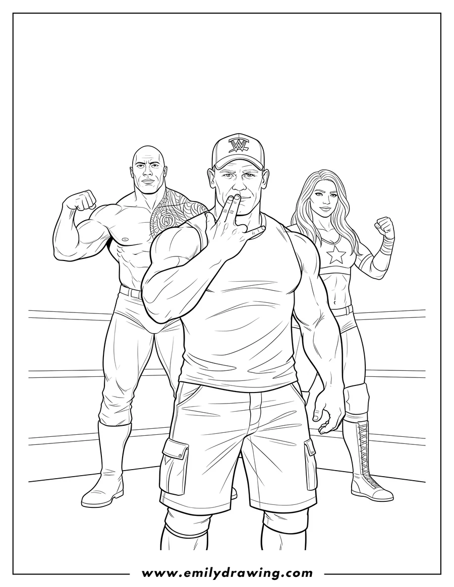 Doodle style coloring picture of wwe Superstars, with John Cena in the foreground doing his iconic hand gesture