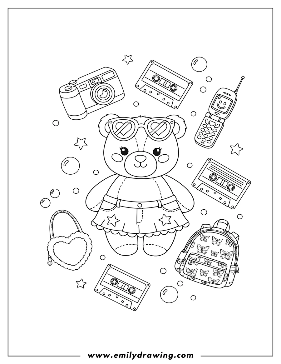 PDF style coloring page: cute Y2K Elements including a denim skirt, teddy bear, sunglasses, handbags, digital cameras, phones, and cassette tapes