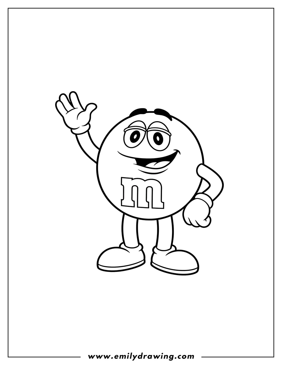 Coloring page of yellow M&M character waving, smiling, and standing