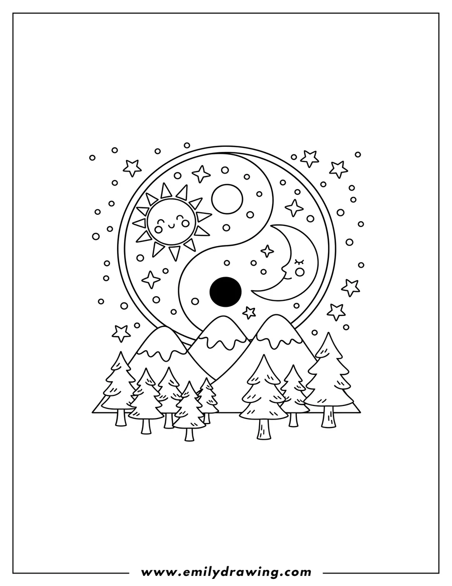 Linear illustration of yin and Yang symbol with a starry sky, sun, crescent moon, mountains, and pine trees