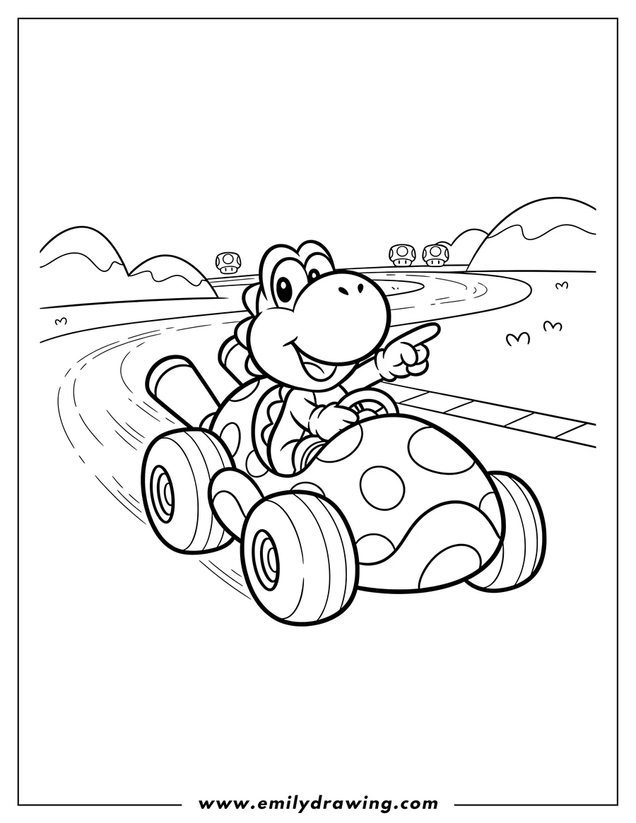Coloring sheet featuring cute Yoshi in an egg-shaped kart pointing, Mario Kart to color