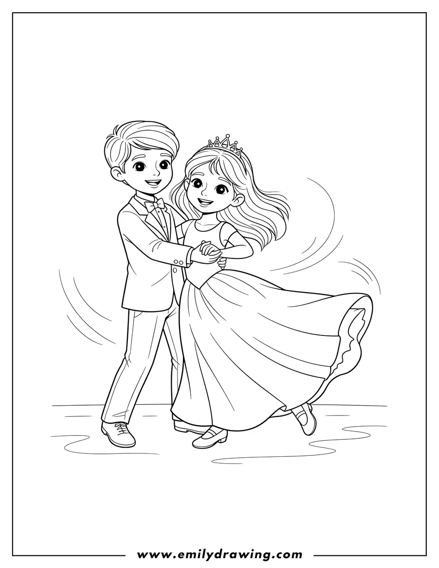 PDF style coloring page: A young boy and girl waltz dancing, holding hands with the girl leaning back