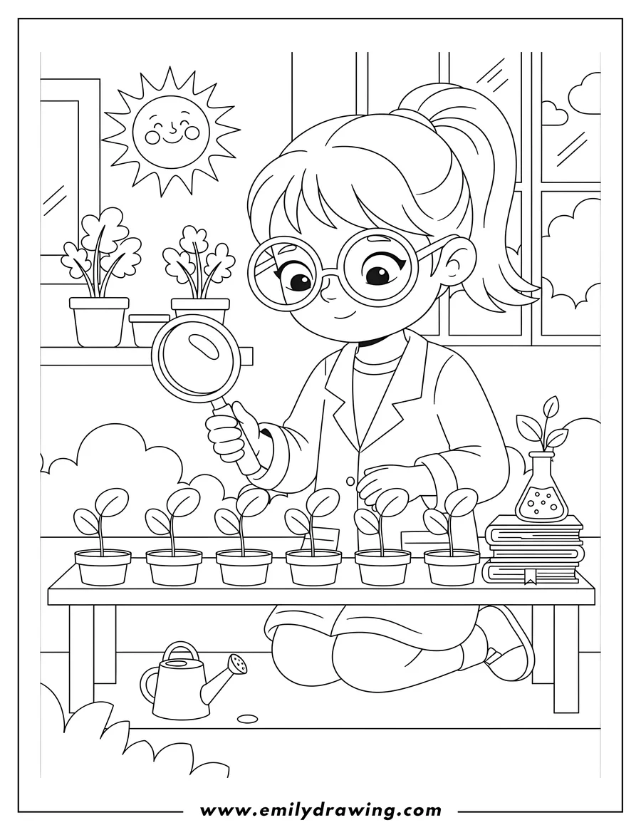 Downloadable coloring page of young girl scientist studying plant seedlings with a magnifying glass