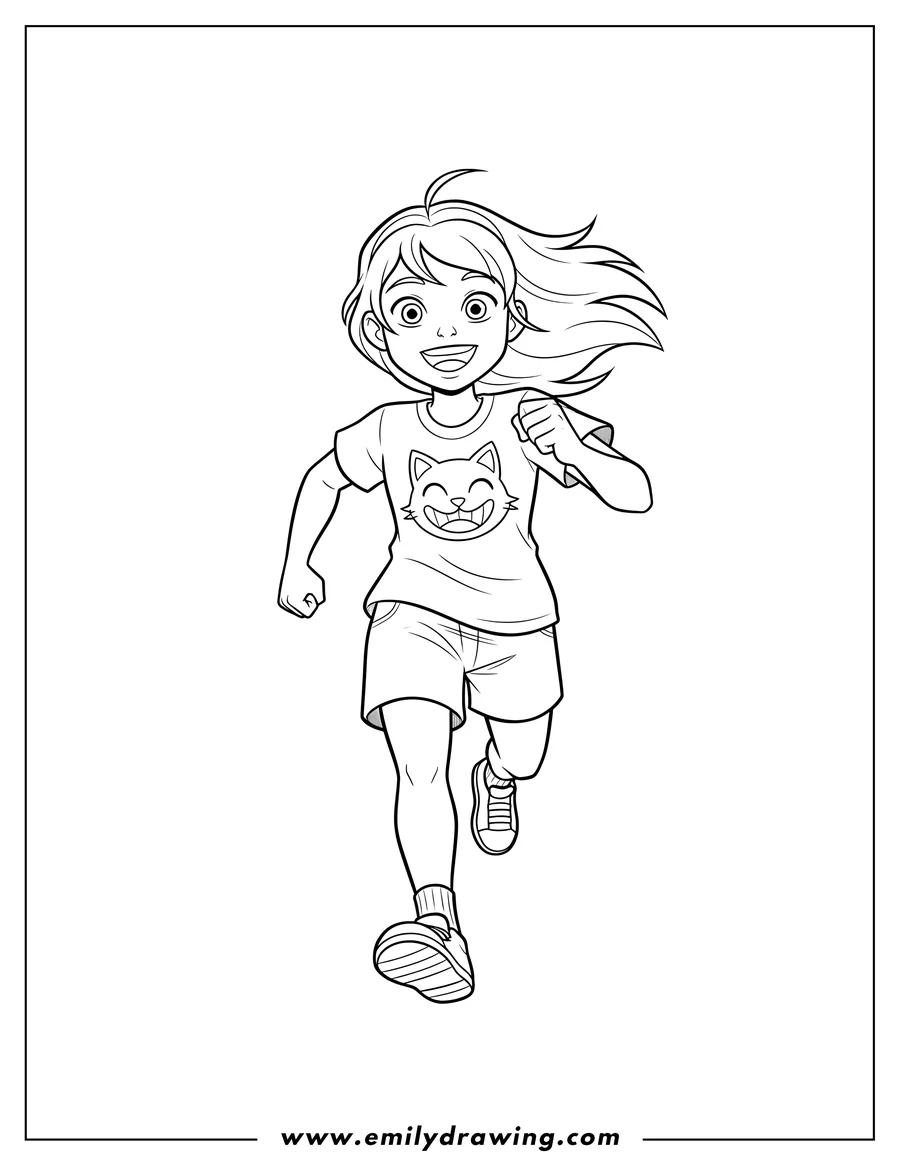 Doodle style coloring picture of young Gwen Tennyson Running and smiling, wearing a cat face t-shirt