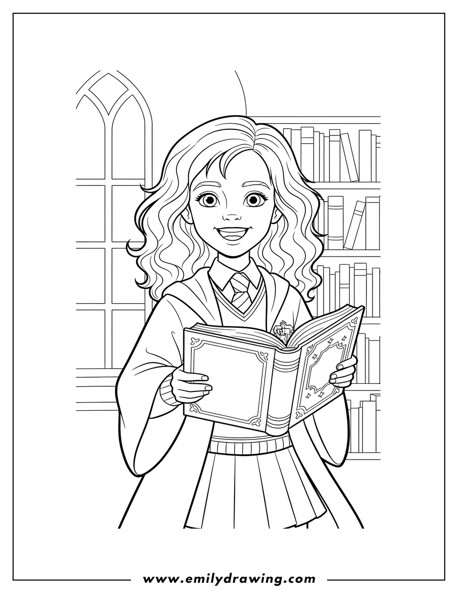 Printable line art of young Hermione Granger, wearing a school uniform and smiling, holding a book