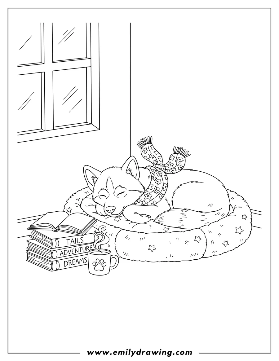 Printable line art of young Husky with Scarf sleeping curled up on a cozy bed, next to stacked books, an open book, and a steaming mug