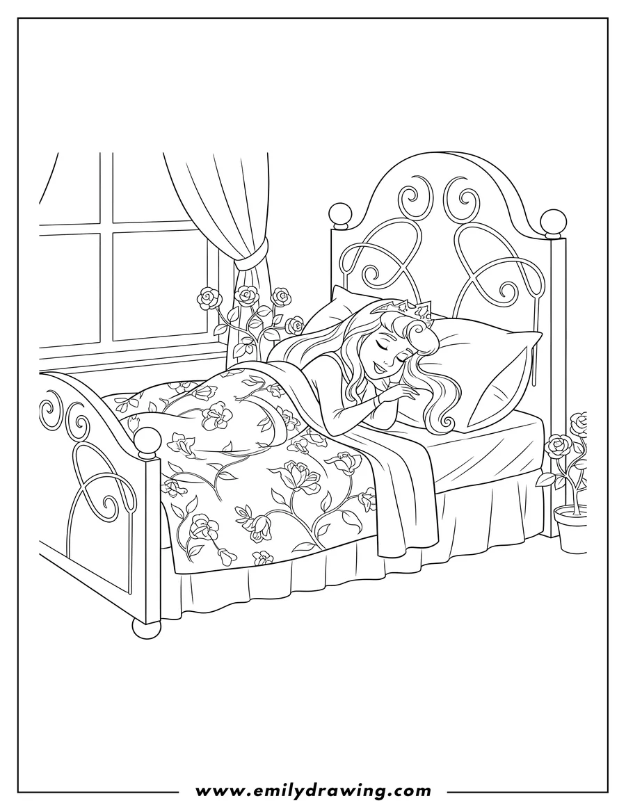 Coloring sheet featuring young Sleeping Beauty Aurora smiling and wearing a crown