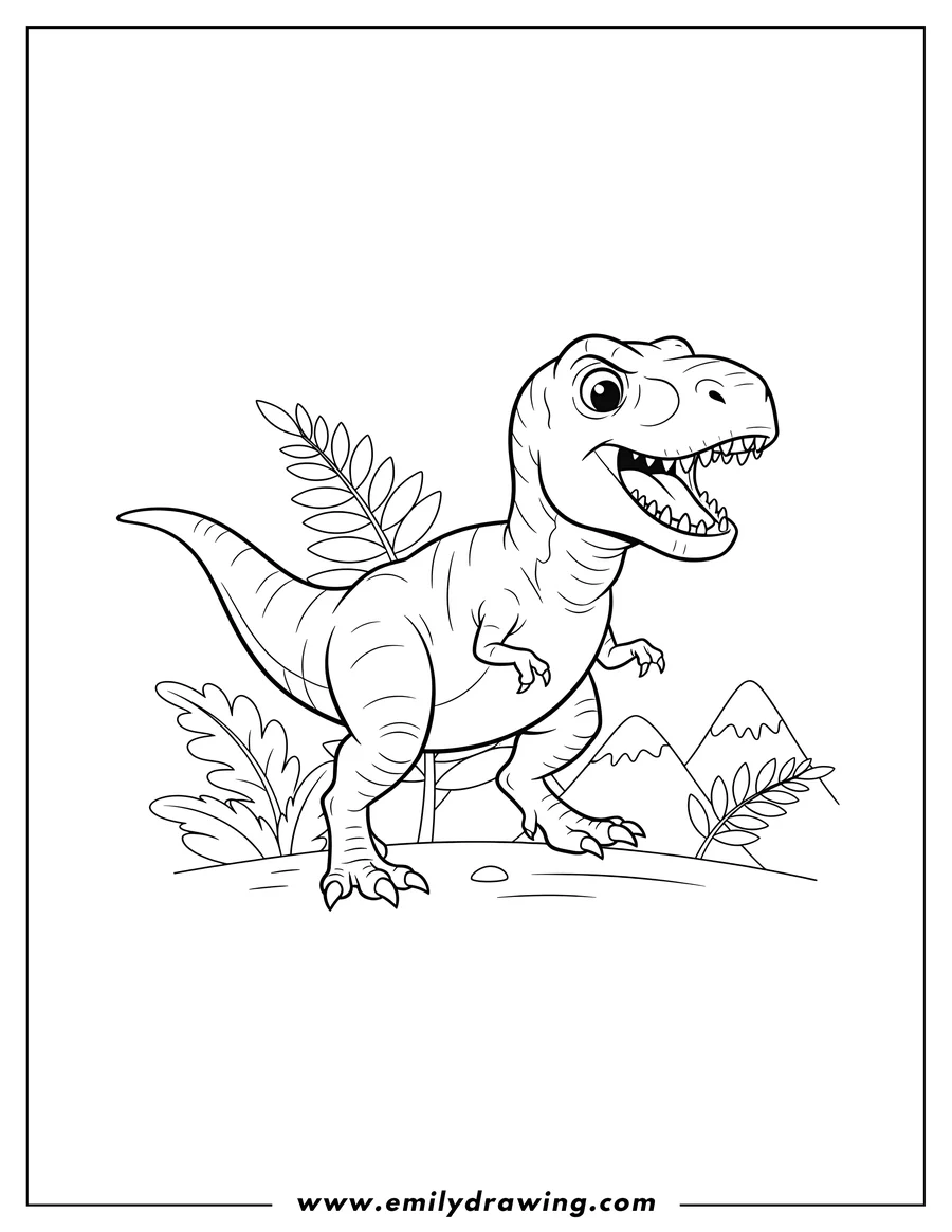 Free to print drawing of young T Rex with open mouth, walking, hunting dinner