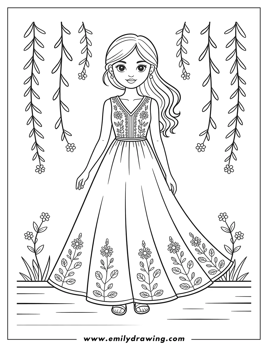 PDF style coloring page: young Woman