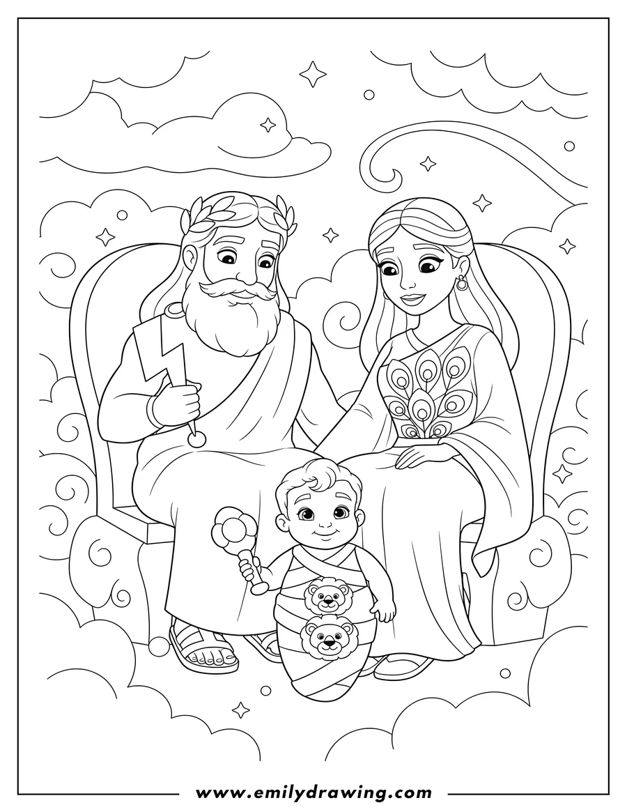 Printable line art of zeus and Hera smiling down lovingly at Baby Hercules