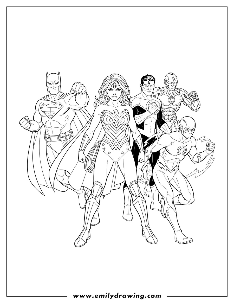 Free printable coloring sheet of cyborg, Green Lantern, Flash, Wonder Woman with a sword, Batman, and Superman posed as a team