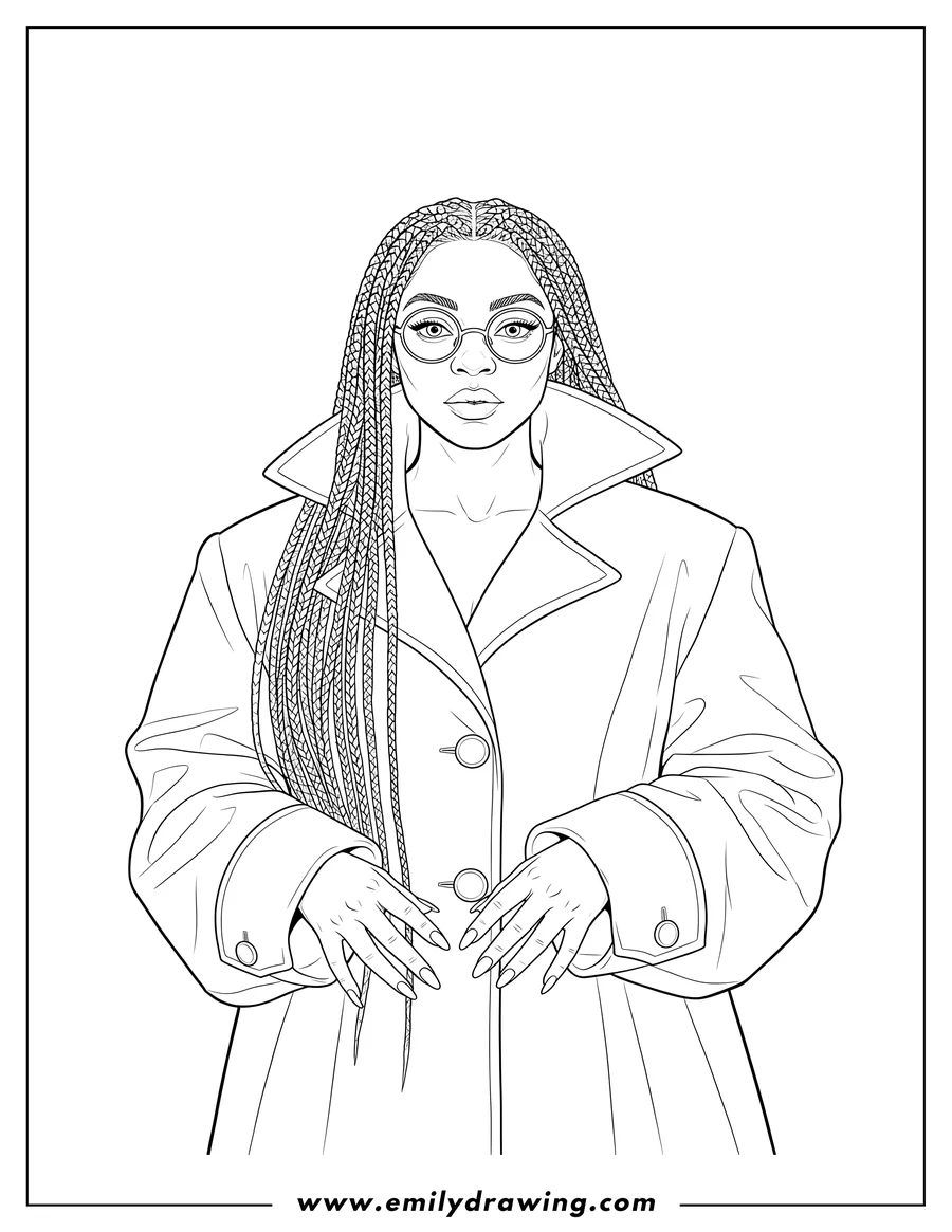 Printable coloring page of cynthia Erivo As Elphaba Wearing Nerdy Glasses, with long braided hair and a coat with a prominent collar