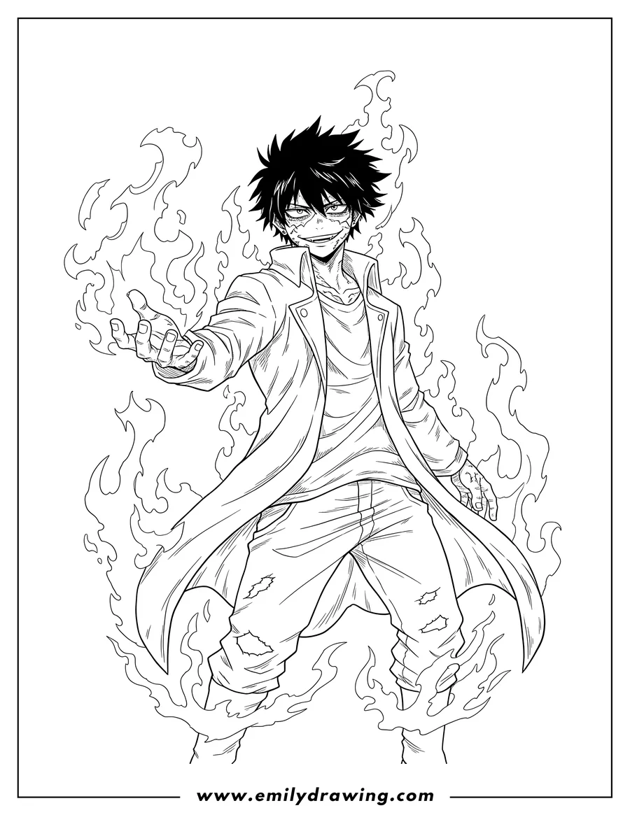 Free to print drawing of dabi with spiky hair and a smirk, extending his arm, surrounded by flames