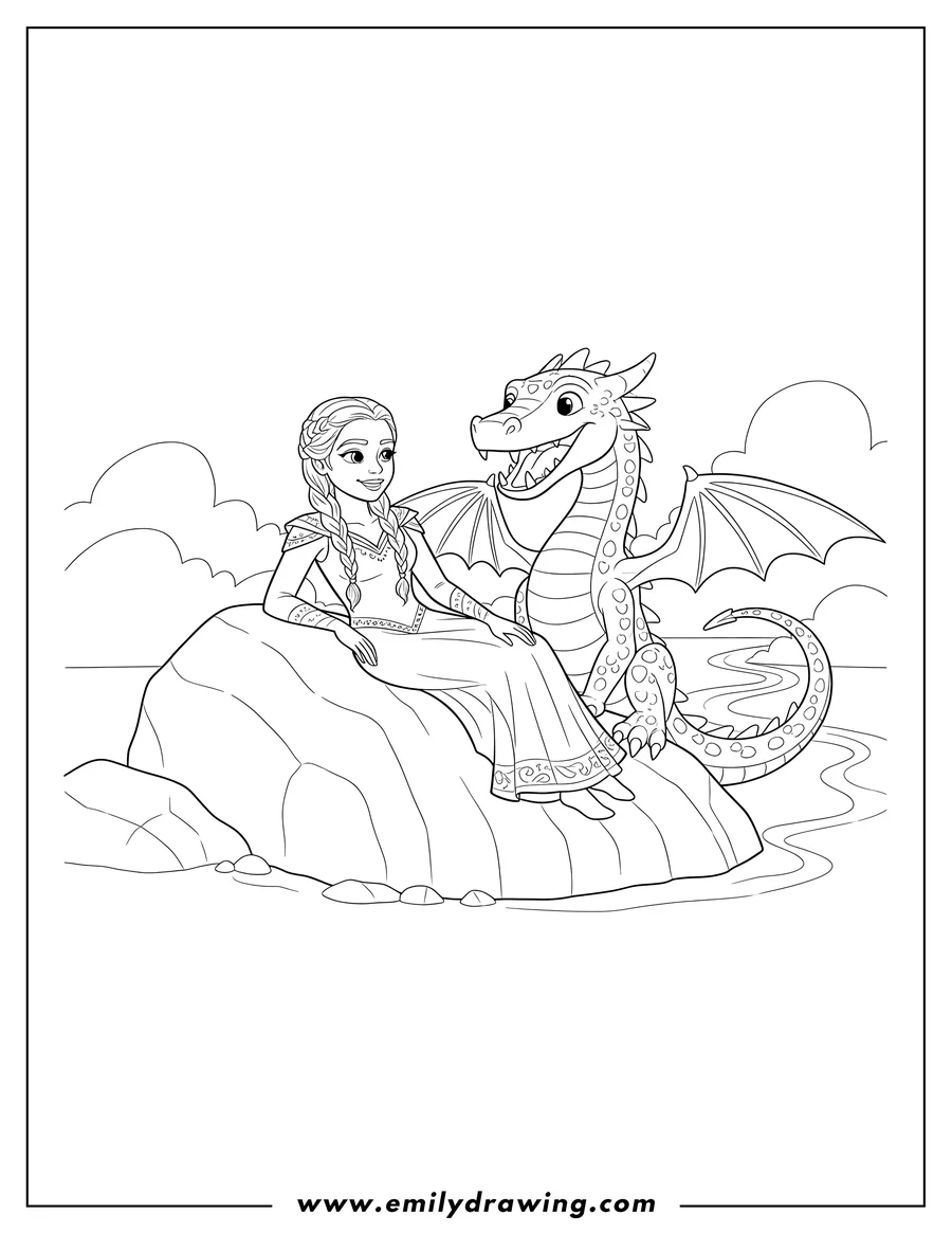 Printable line art of daenerys Targaryen reclining on a rock next to her dragon with its mouth open