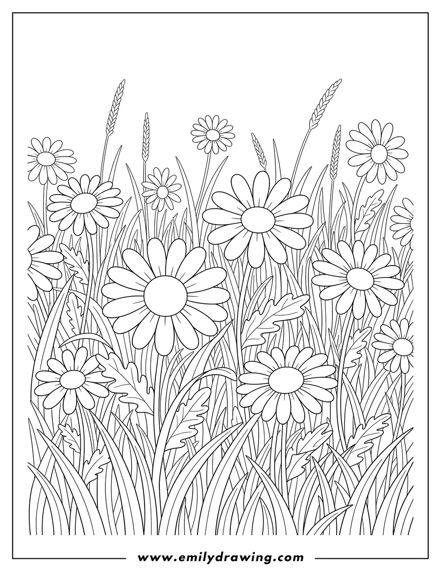 Doodle style coloring picture of daisies scattered among blades of grass, coloring page