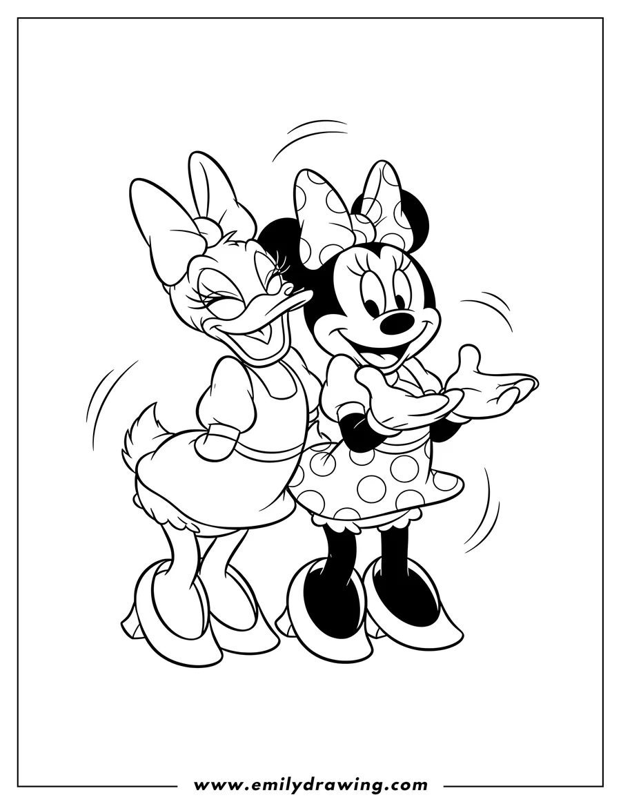 Full page coloring image of daisy Duck and Minnie Mouse laughing together, eyes closed, Minnie holding her hands up