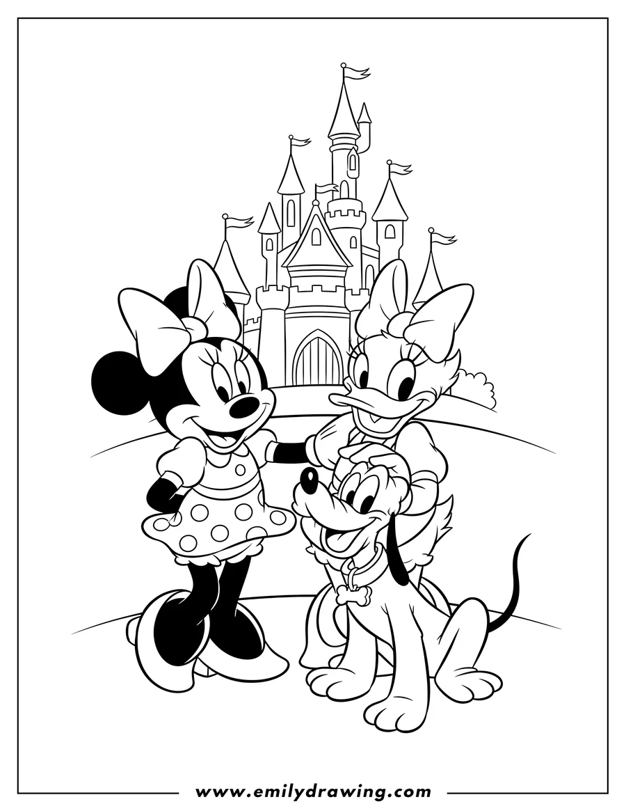Simple sketch of daisy Duck and Minnie Mouse with her arm around Daisy, petting Pluto, and a castle to color to color