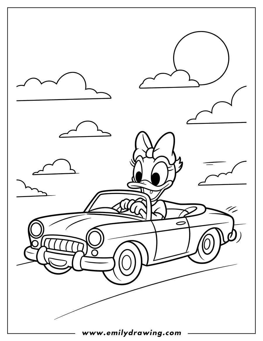 Black and white line art of daisy Duck