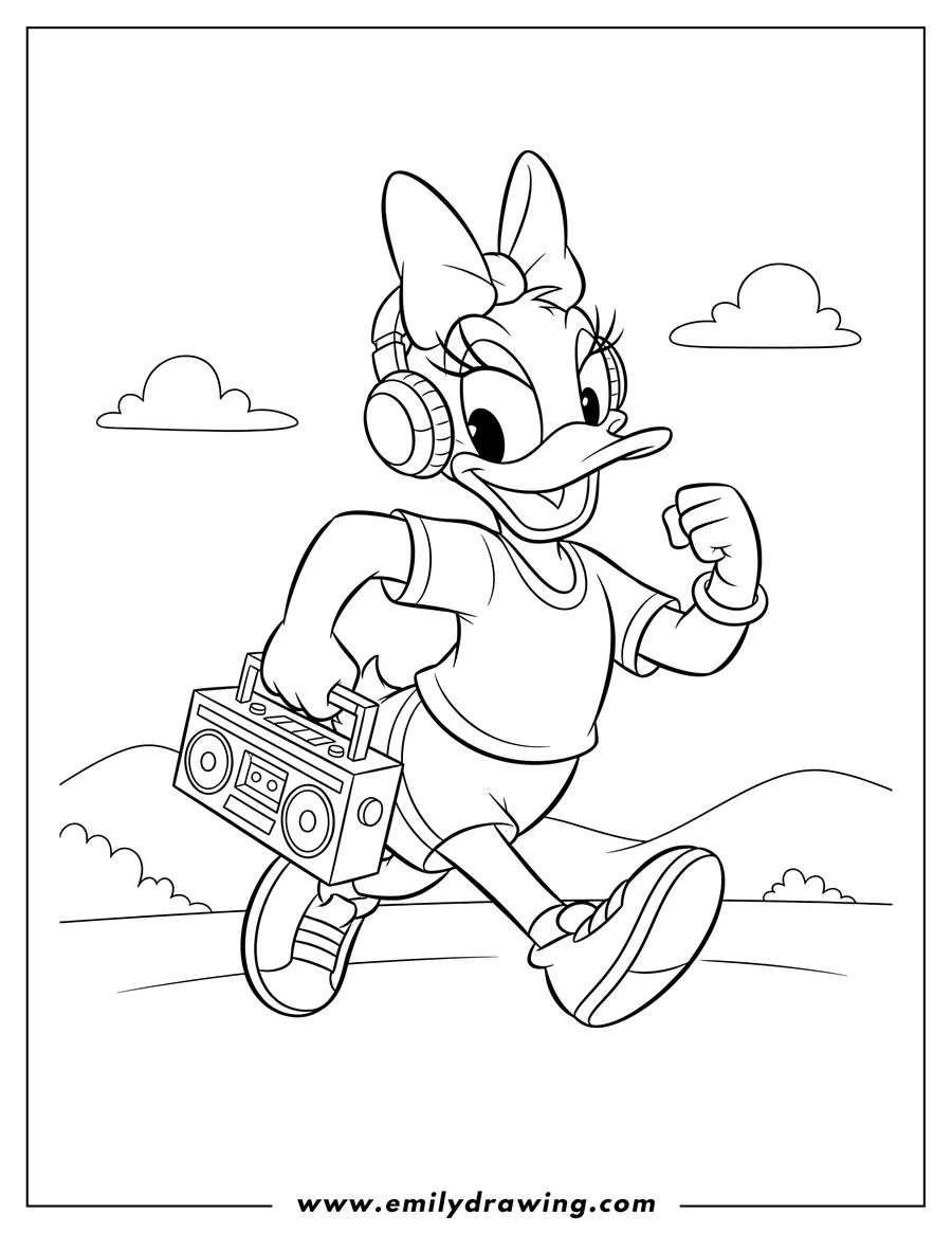 Free to print drawing of daisy Duck running with headphones and a radio, Duck Tales