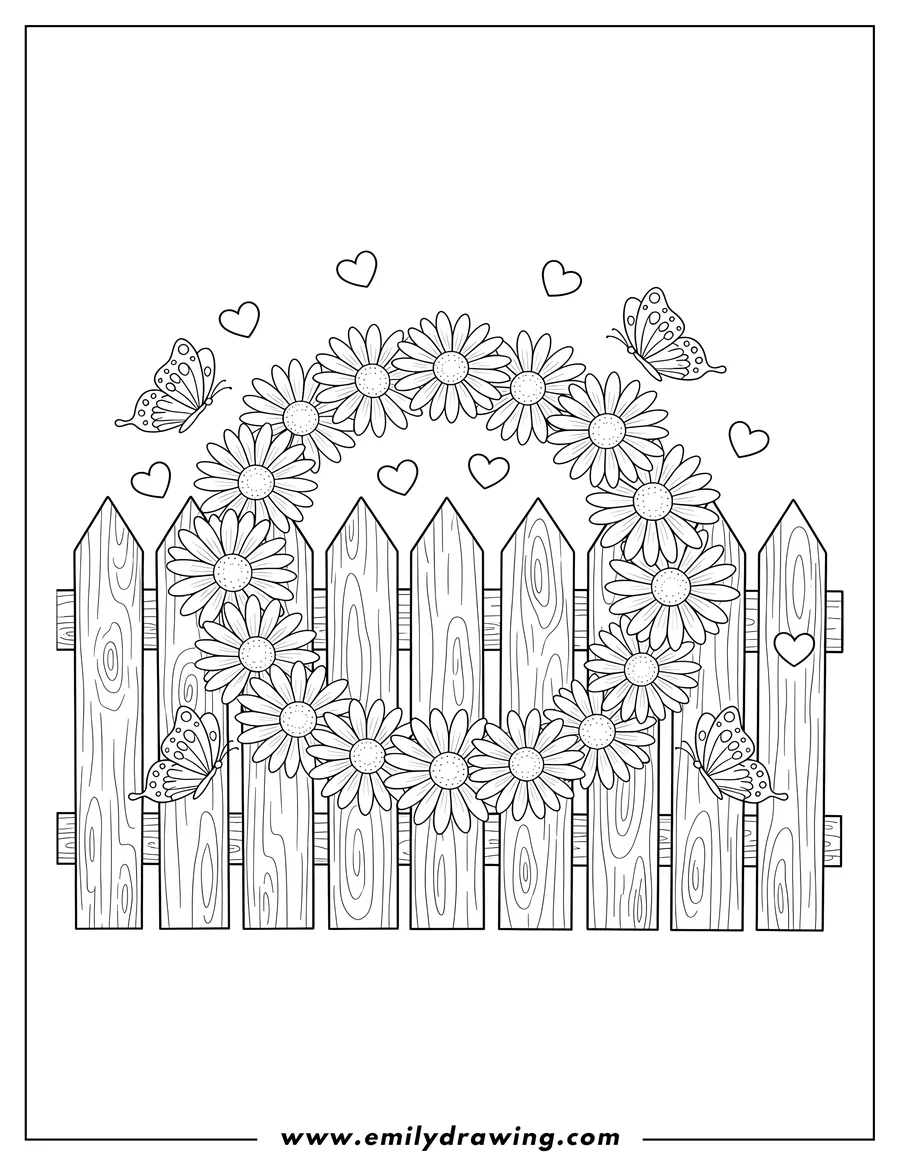 Printable line art of daisy Wreath On Wooden Picket Fence With Flying Butterflies and Hearts
