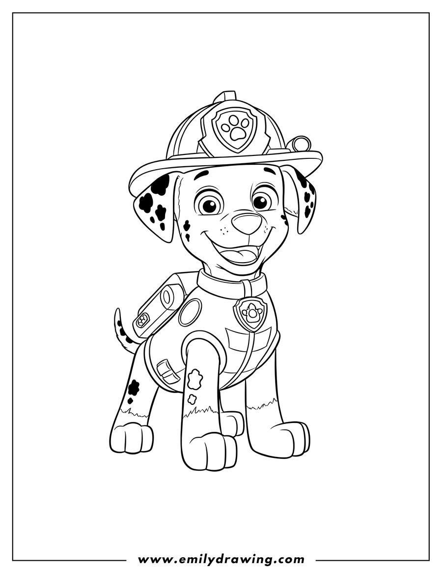 Downloadable coloring page of dalmatian Marshall smiling in his firefighter helmet and gear