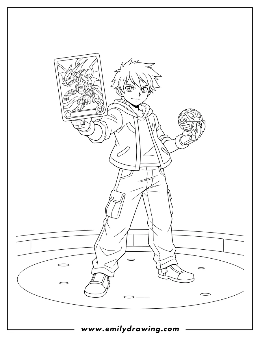 Printable line art of dan Kouzo holding a Bakugan card and a Bakugan sphere, standing