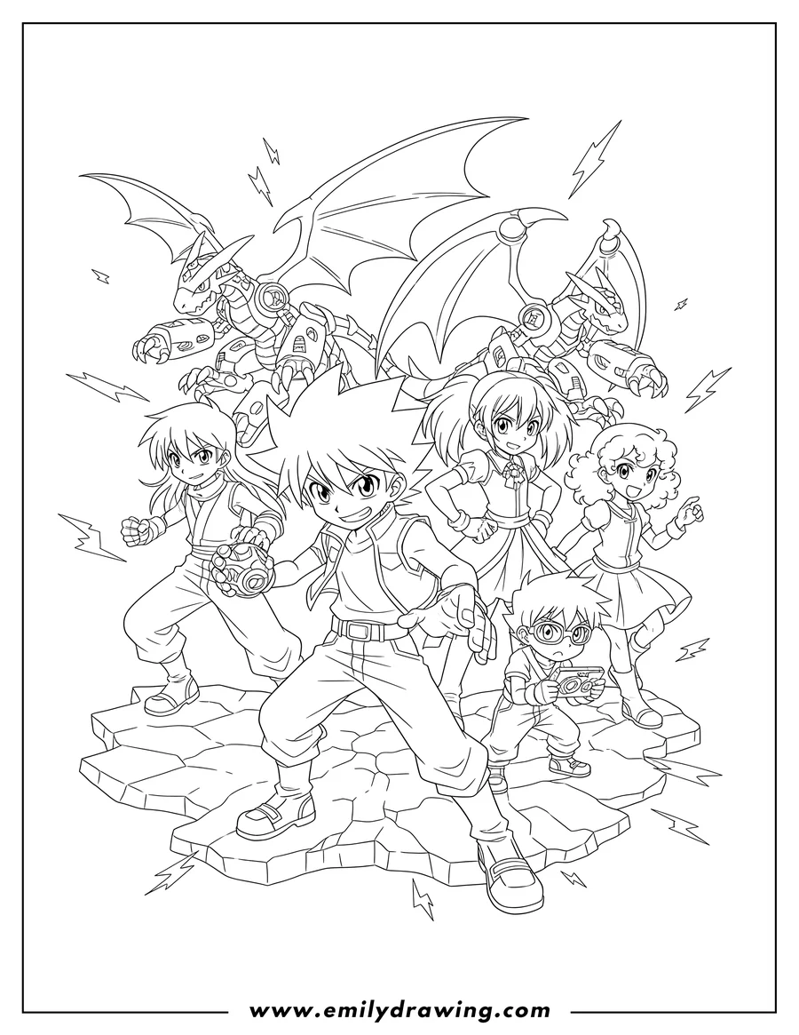 Printable coloring page of dan, Shun, Alice, Marucho, and Julie from Bakugan, ready for battle