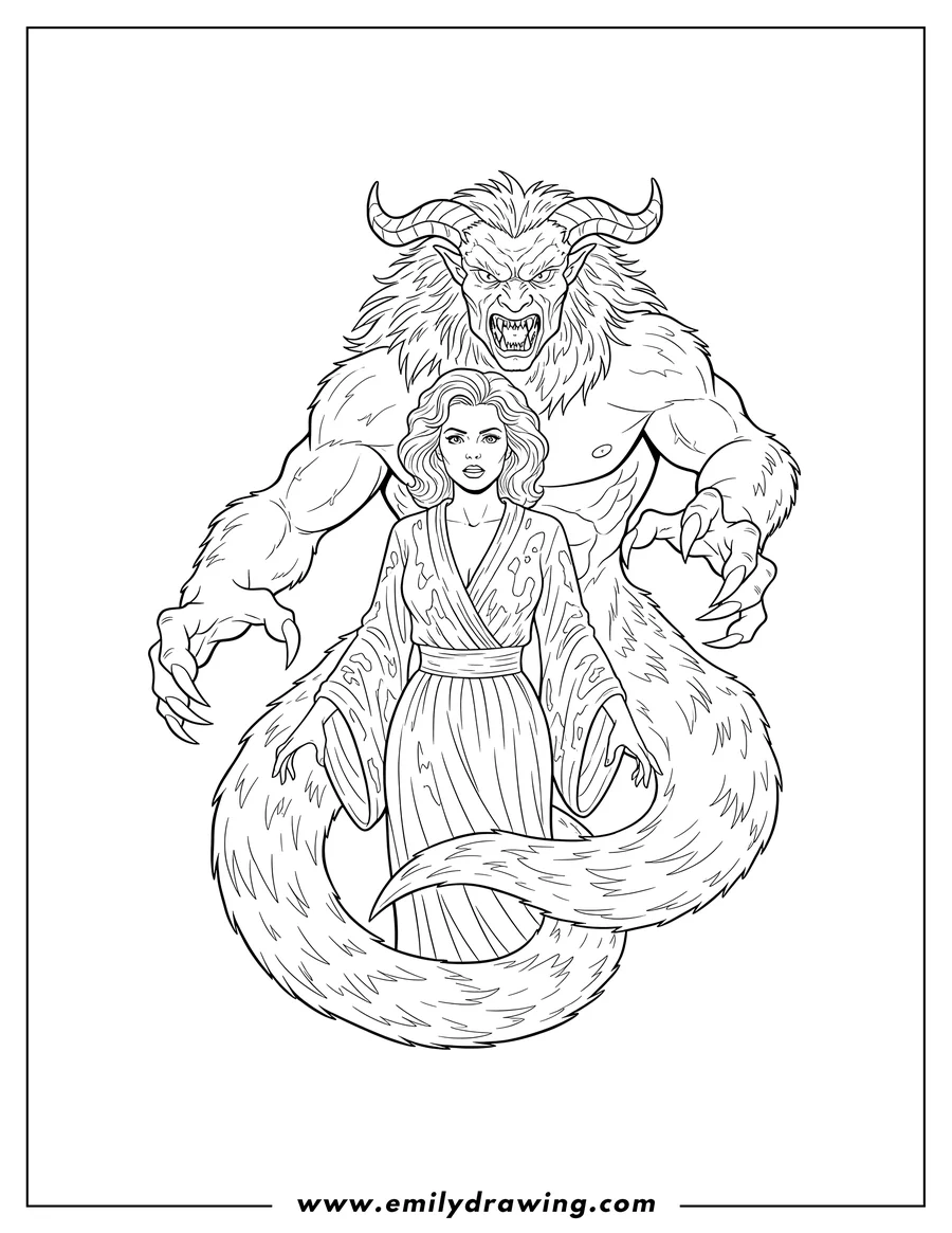 Downloadable coloring page of ghostbusters Dana Barrett with curly hair and a snarling Zuul