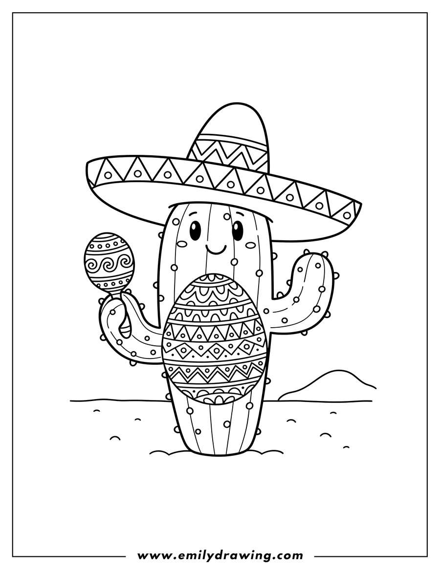 Full page coloring image of cactus wearing a sombrero, holding a maraca, and with a patterned egg on its body