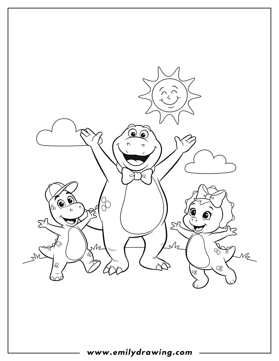 Free to print drawing of barney, BJ, and Baby Bop dancing joyfully with arms raised under the sun