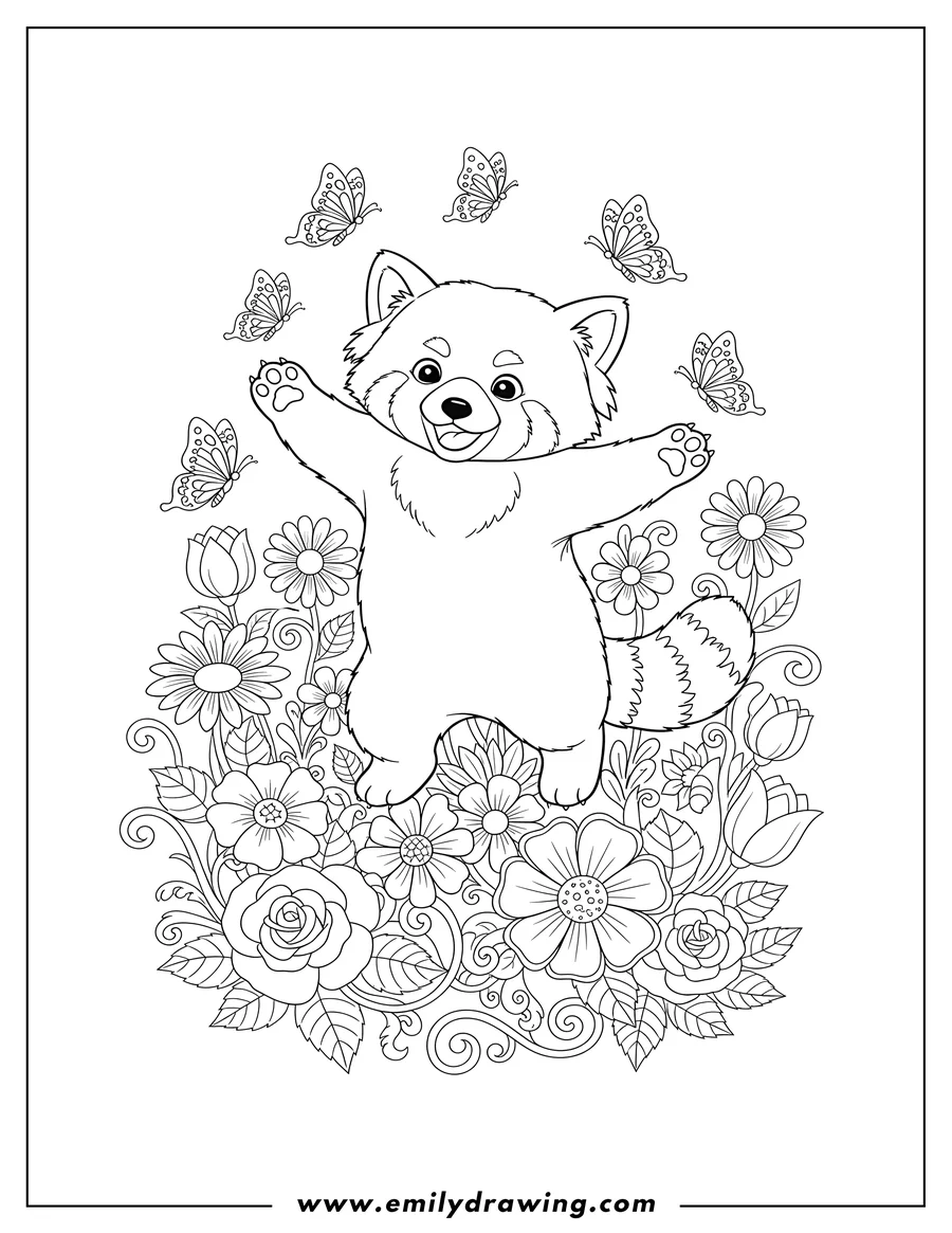 Printable line art of dancing Red Panda with a raised paw and flying butterflies in a Flower Garden