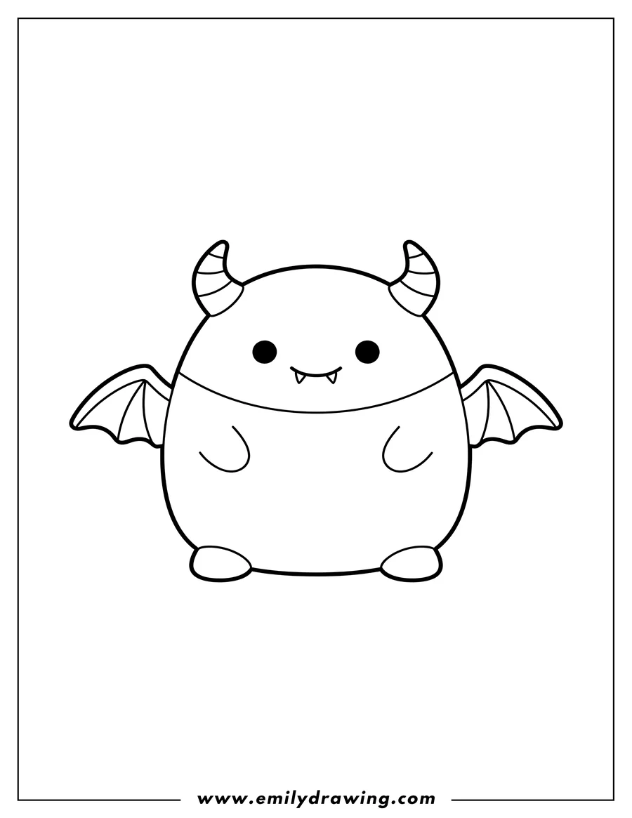 Doodle style coloring picture of dante Demon Squishmallow with horns, fangs, and wings, coloring page