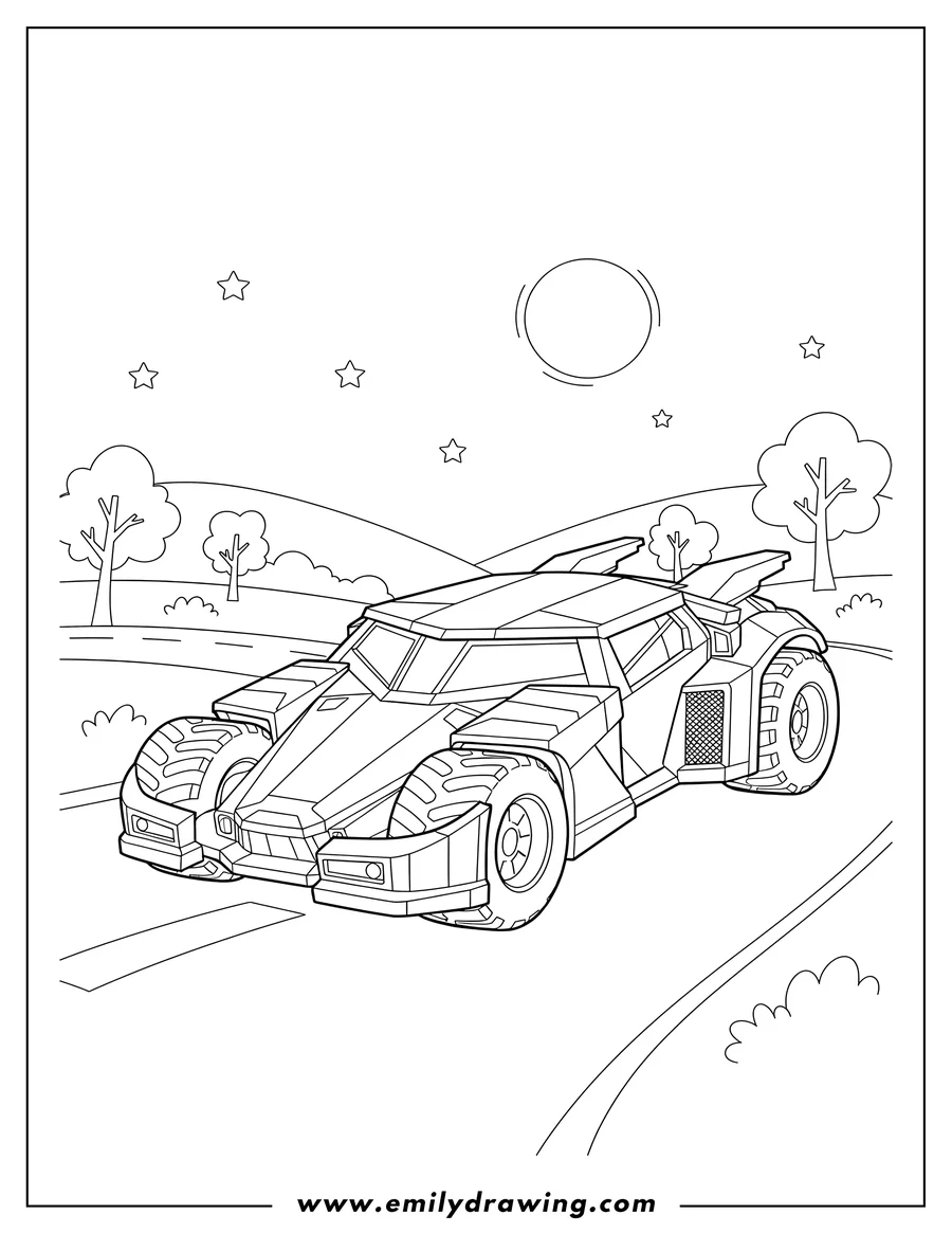 Outline drawing of dark Knight Batmobile Scaled on a road