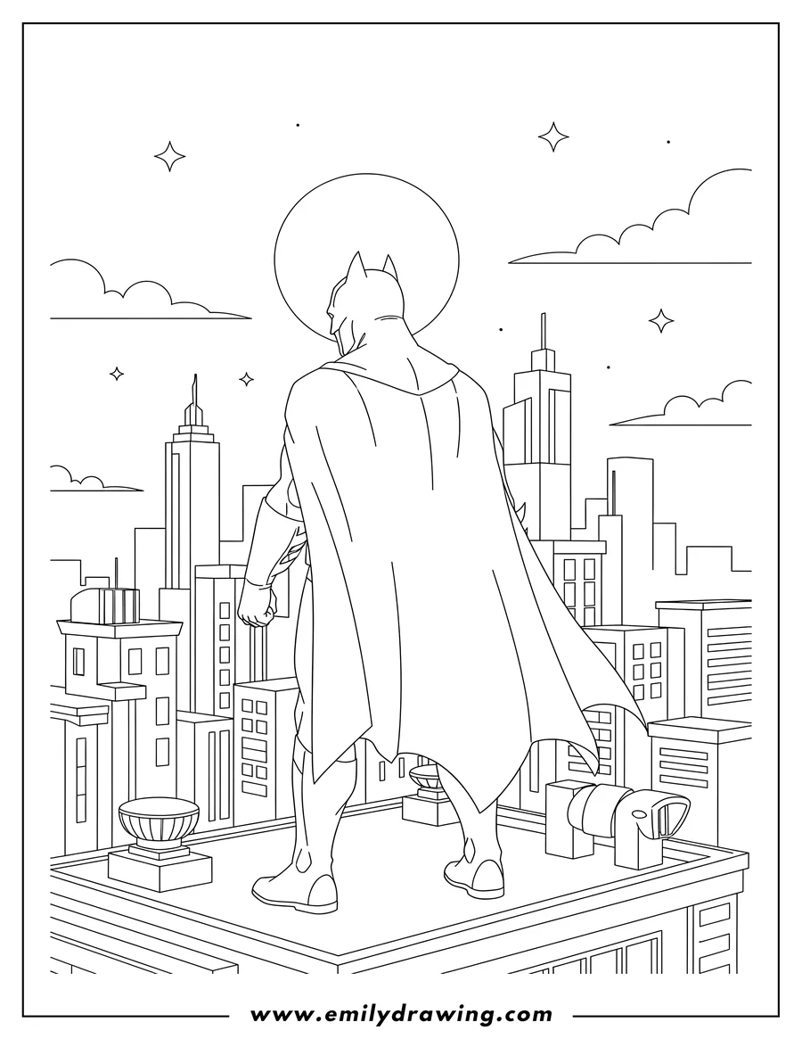 High quality printable dark Knight Batman looking over Gotham from behind, on a rooftop for coloring