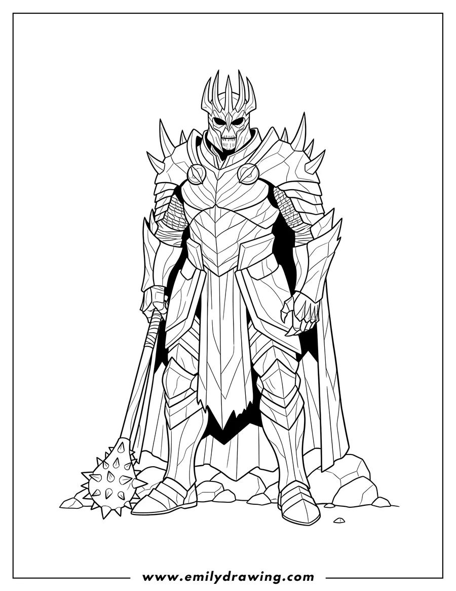 Black and white line art of dark Lord Sauron in armor with a spiky helmet