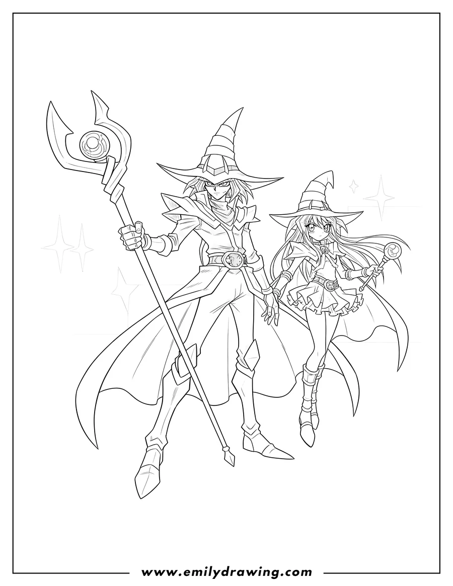 Free to print drawing of yu Gi Oh Dark Magician With Dark Magician Girl, the Dark Magician holding his staff