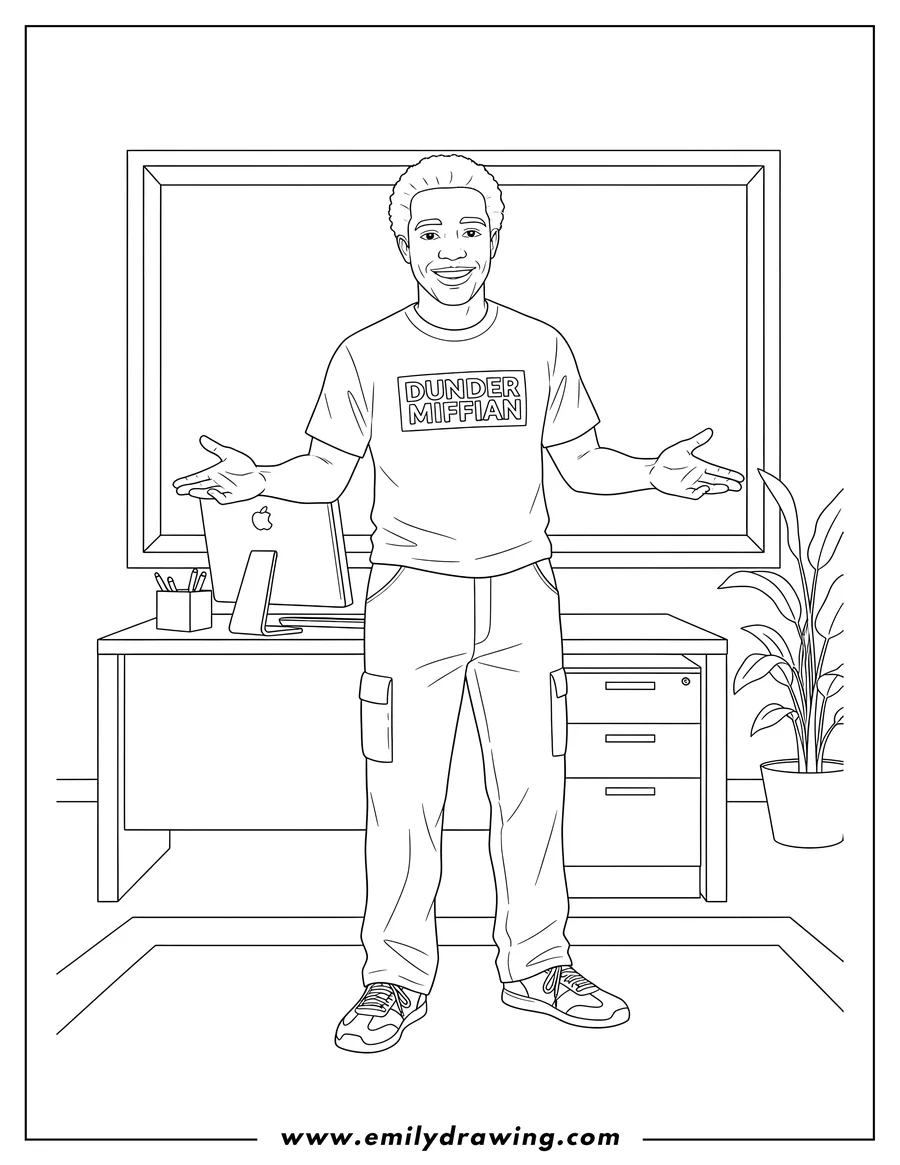 Black and white line art of darryl Philbin Office, wearing a Dunder Mifflin shirt and gesturing