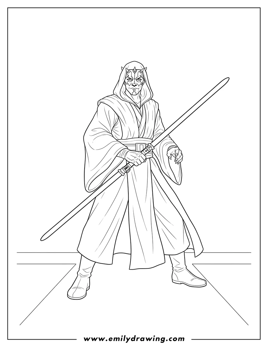 Printable coloring page of darth Maul in a long robe, holding a lightsaber