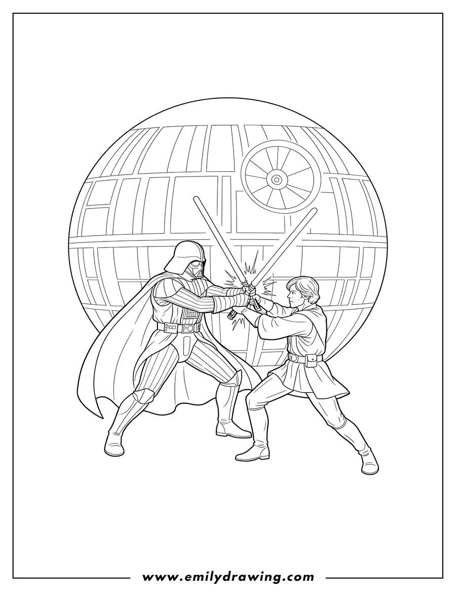 PDF style coloring page: darth Vader and Luke Skywalker clashing lightsabers in front of the Death Star