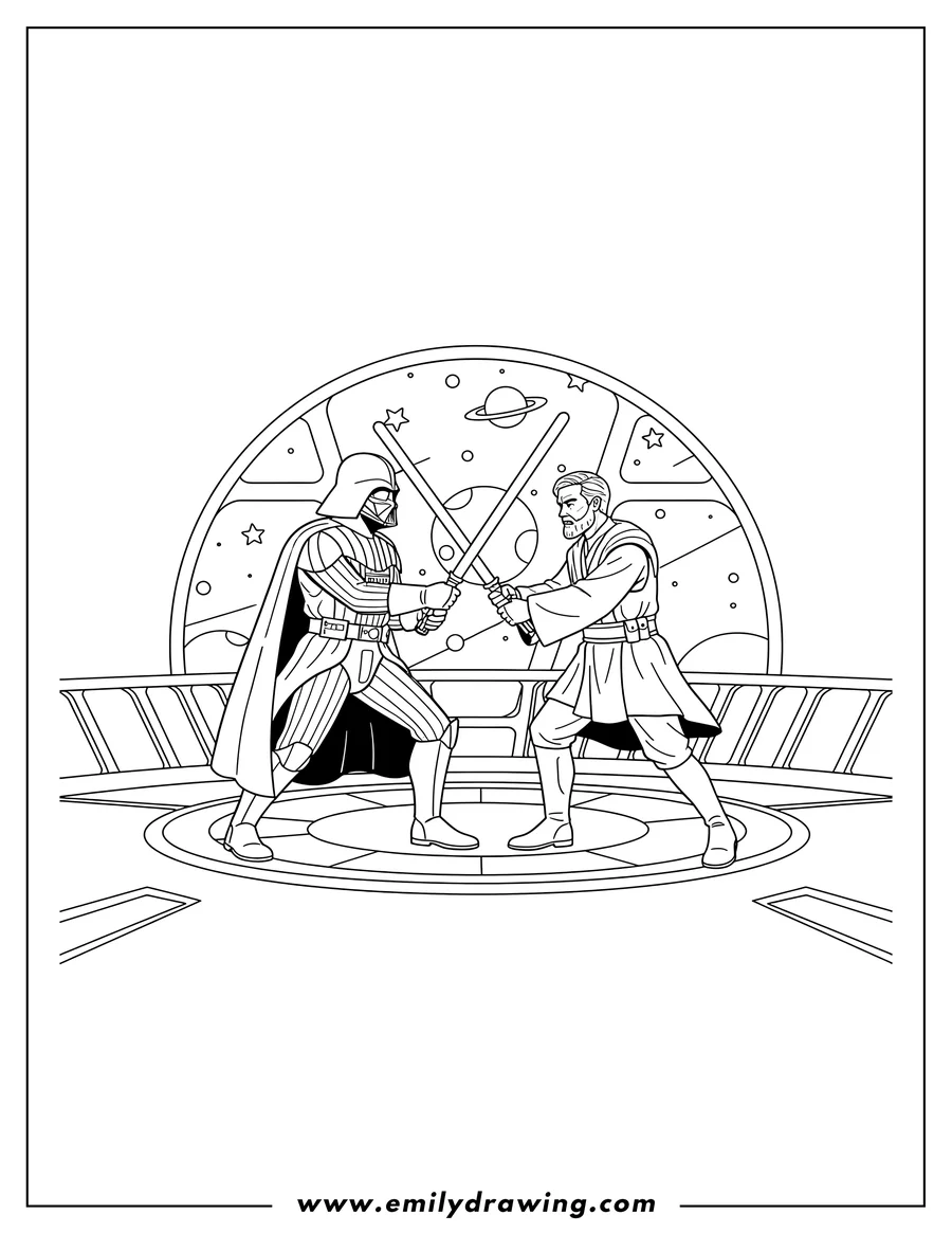 Vector style outline of darth Vader and Obi Wan Kenobi lightsaber dueling with crossed lightsabers on a Starcruiser