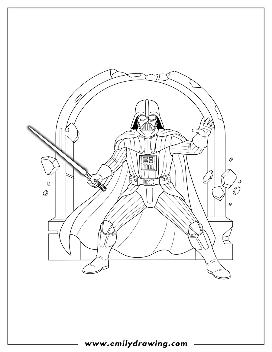 Full page coloring image of darth Vader Battle with lightsaber and raised hand