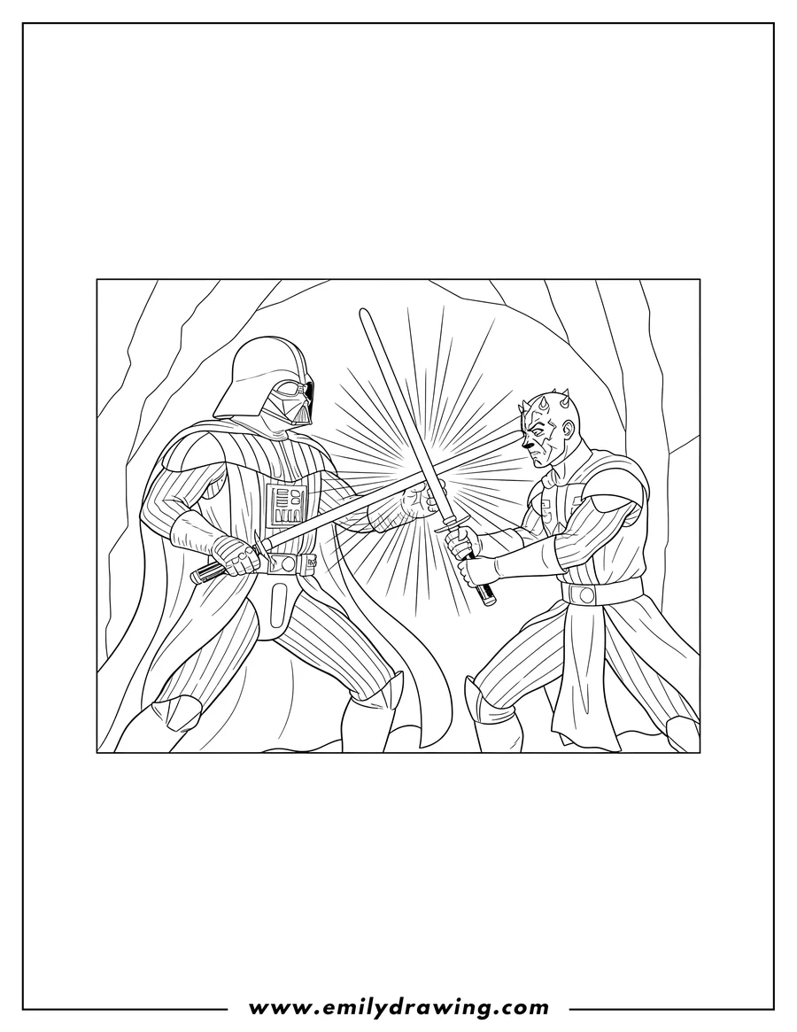Coloring page for kids: darth Vader Fighting Darth Maul with clashing lightsabers
