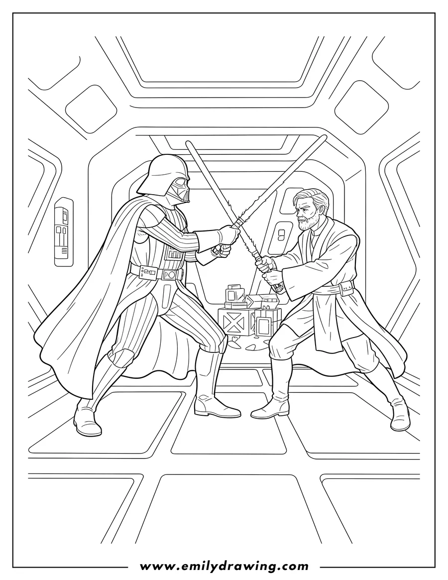Coloring sheet featuring darth Vader Fighting Obi Wan Kenobi with lightsabers clashing