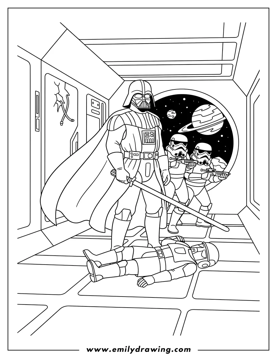 Downloadable coloring page of darth Vader Invading Starcruiser With Stormtroopers, holding a lightsaber and standing over a fallen Rebel