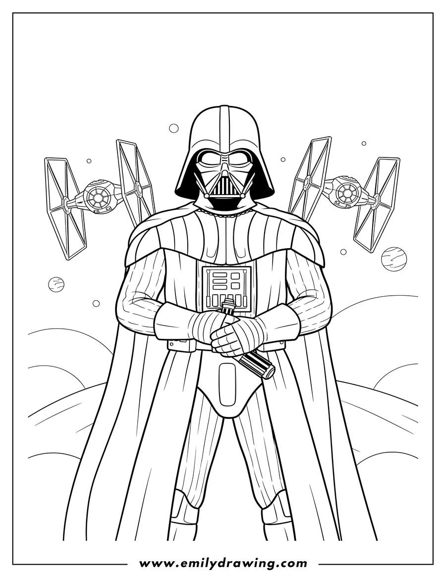 Coloring page of darth Vader standing, holding a lightsaber hilt, with two TIE Fighters flying